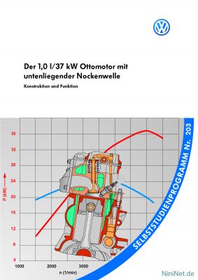 Cover des SSP Nr. 203 von VW mit dem Titel: Der 1,0 l/37 kW Ottomotor mit untenliegender Nockenwelle 